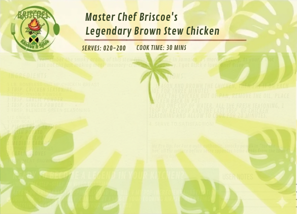 A collector's postcard for the Blended Green Seasoning recipe.